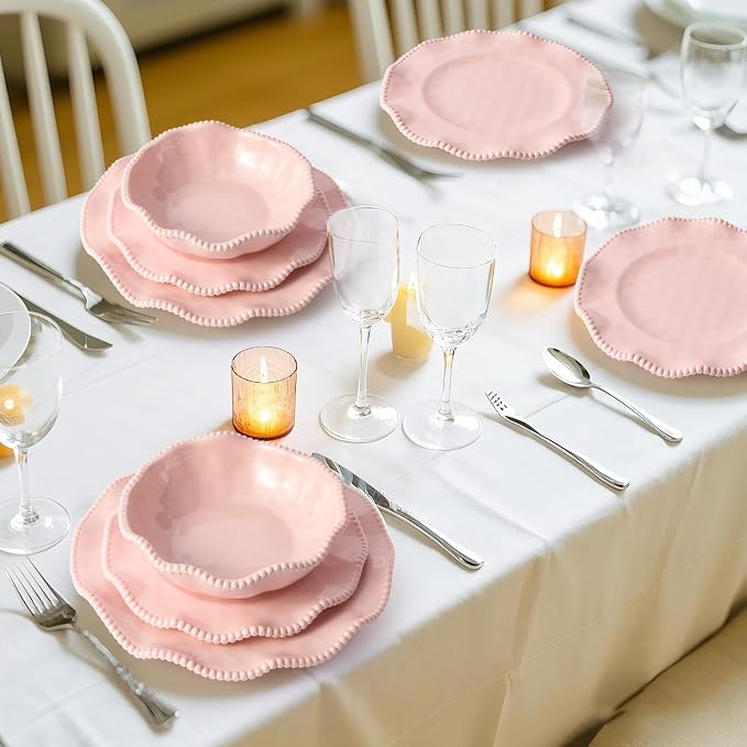 Pink Melamine Dinnerware Sets for 4,Scalloped Plates and Bowls Set with Beaded Edge, BPA Free Dishwasher Safe, Heavy Duty Shatterproof Unbreakable Tableware for Wedding Party Camping Outdoor