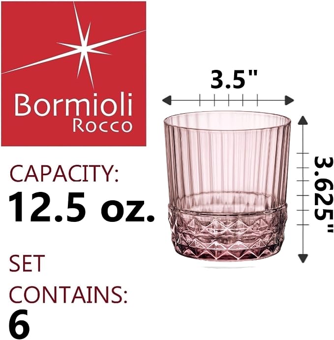 Bormioli Rocco America '20s Set Of 6 DOF Glasses, 12.5 Oz. Colored Crystal Glass, Lilac Rose, Made in Italy
