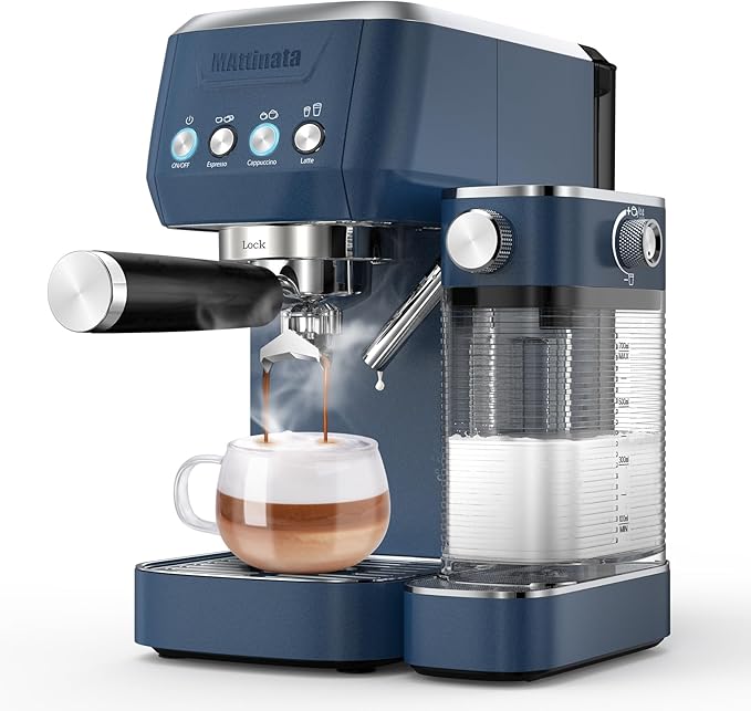MAttinata Cappuccino Machine, Espresso Machine with Automatic Milk Frother | Compact Coffee Maker, 20 Bar Italian Pump, Adjust Hot Milk Foam, Barista Latte Art, Small for Home, Stainless Steel, Blue