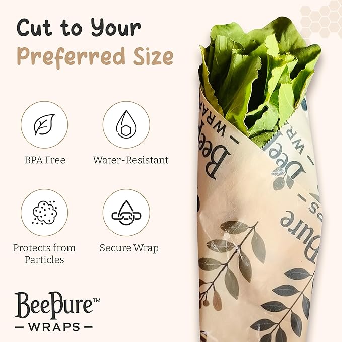 BeePure Reusable Beeswax Food Wrap - Eco-Friendly, Sustainable Wrap Roll (15"x80") - Plant & Bee Pattern for Food Storage
