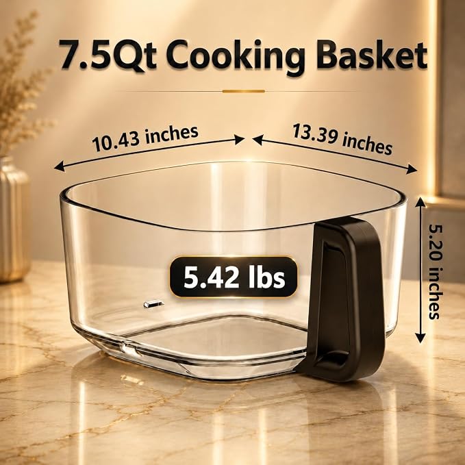 BOSWELL Glass Air Fryer, 7.5QT with Transparent Fry Bowl, Circulating Heating, Temperature Control, Air Fryer Roast, Dishwasher Safe