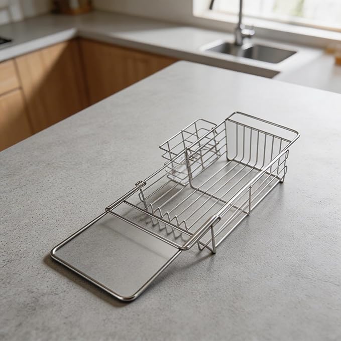 Expandable Stainless Steel Dish Drying Rack with Utensil Holder, Over The Sink Dish Drainer Basket for Kitchen, Space Saving Air Dry Organizer, Silvery, 40.5x18x13cm
