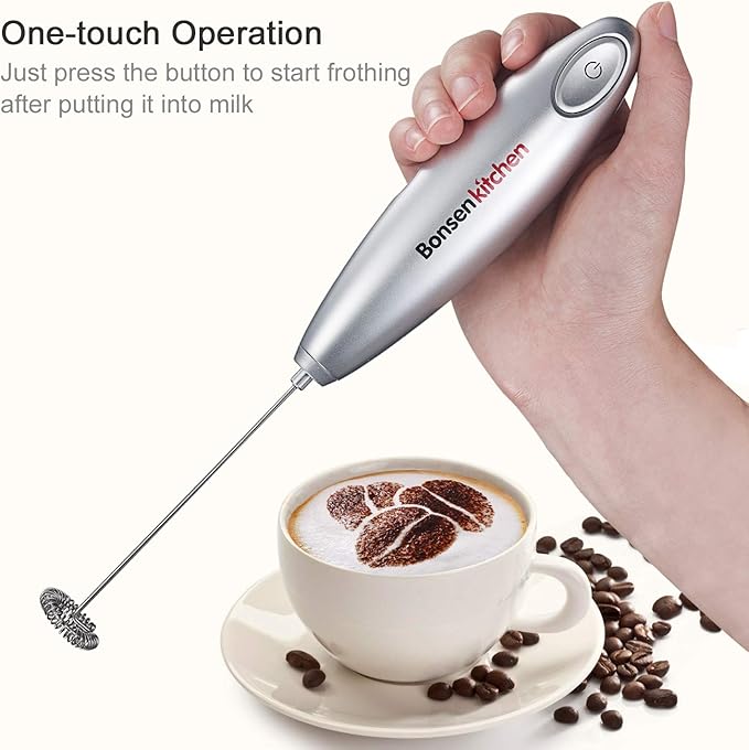 Bonsenkitchen Milk Frother Handheld Battery Operated Electric Foam Maker, Drink Mixer with Stainless Steel Whisk for Cappuccino, Matcha (Silver+Black)
