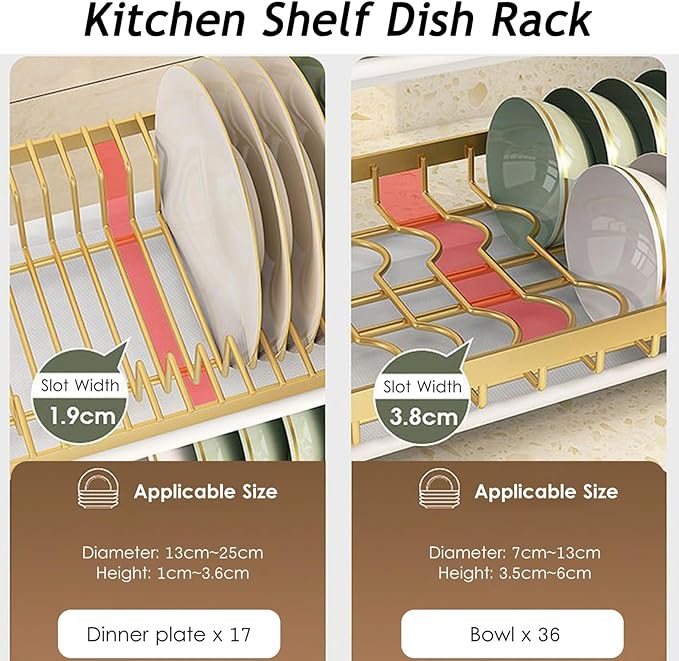 2/3 Tier Kitchen Counter Dish Drying Rack, Carbon Steel Dish Strainers with Drain Tray,Chopsticks Rack,Knife Holder, Over The Sink Dish Racks Storage Rack(W21(3 Tier), Black Gold)