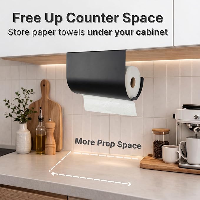 Under Cabinet Paper Towel Holder - No Drill Shelf Mount, Easy Tearing Design, Space-Saving, Magnet-Ready Steel Surface, Fits Standard US Rolls up to 11" (Black)