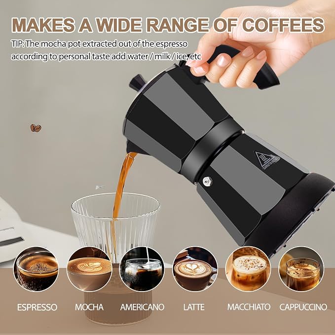 Aluminum Electric Moka Pot 3-6 Cup 270ml Express Coffee Maker Stovetop Espresso Portable Coffeemaker Italian Classic Brewing Greca Cafe Mocha with Removable Base and Overheating Protection Machine
