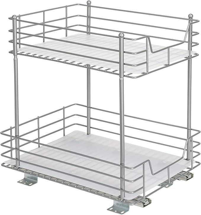 Household Essentials Glidez Steel Pull-Out/Slide-Out Storage Organizer with Plastic Liners for Under Cabinet or Wire Shelf Use - 2-Tier Design - Fits Standard Size Cabinet or Shelf, Brushed Silver
