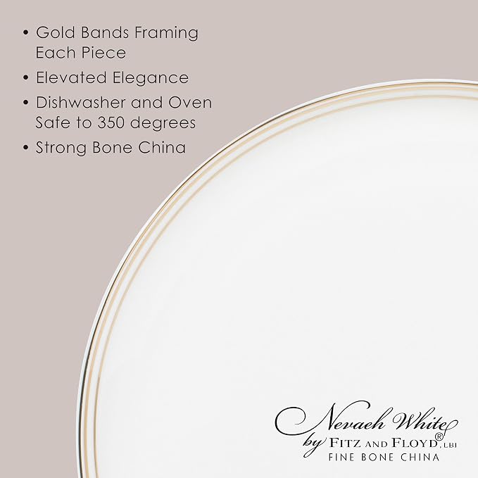 Everyday White by Fitz and Floyd Nevaeh Bone China Coupe Gold Bands Dinnerware Set, Service for 4