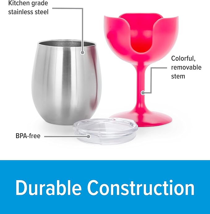 Camco Life is Better at The Campsite Wine Tumbler | Heavy Duty Double Wall Vacuum Insulation | Crafted of 18/8 Stainless Steel | Removable Green, Yellow, Blue & Pink Stems | 4-Pk, 8-oz/Each (53068)