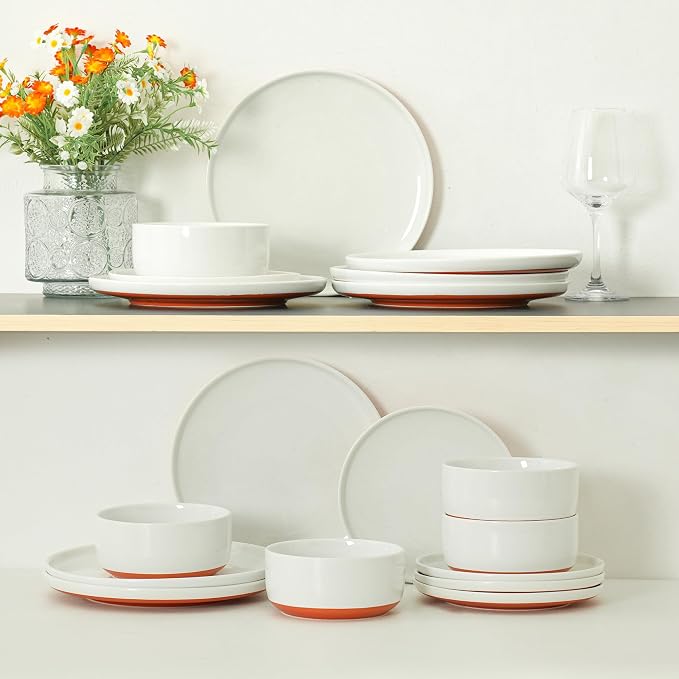 6 Piece Dinnerware Set, Dual Glaze Stoneware Plates and Bowls Sets, Modern Dinner Plate, Salad Plate, Cereal Bowl, Dish Set for 2, Microwave and Dishwasher Safe, Stardust Glaze White