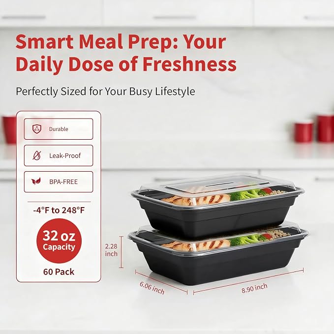 60 Pack Meal Prep Containers with Lids,32 oz,Reusable,To Go | Take Out,Food Storage,Disposable Plastic Lunch Boxes,Sturdy,Freezer,Microwave,Dishwasher Safe,Stackable,Leak-proof
