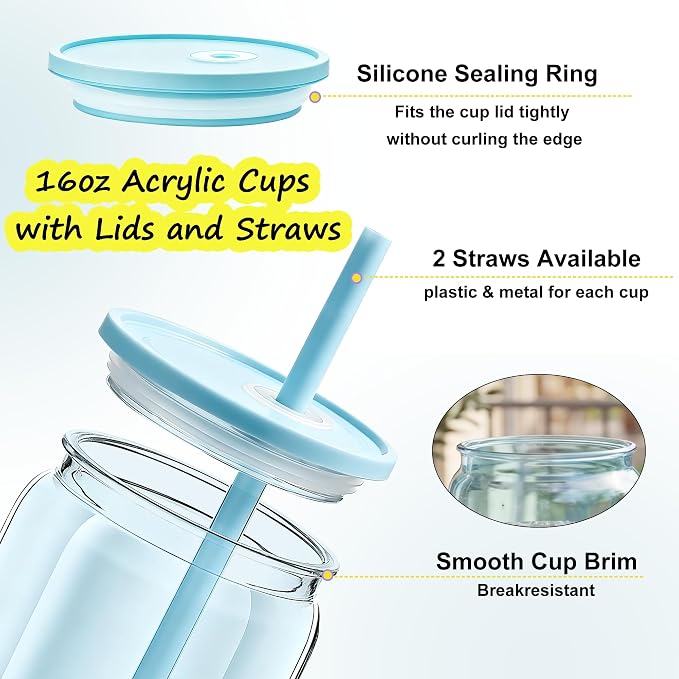 16oz Acrylic Mason Jars Cups, 20 Pack Can shaped Plastic Cups with Lids and Straws, Iced Coffee Cup Cute Drinking Glass Unbreakable Tumbler for Whiskey, Soda, Iced Tea, Colored