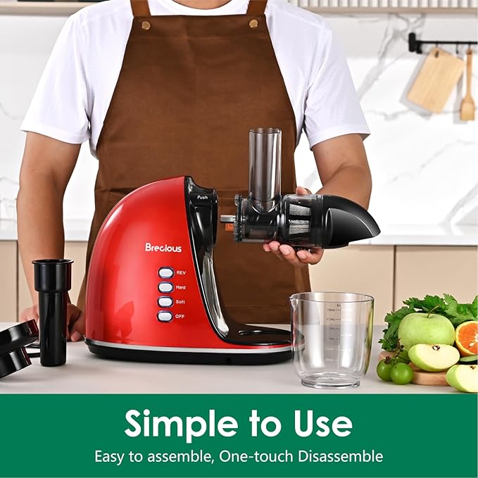 Slow Masticating Juicer,Brecious Cold Press Juicers with 2 Speed Modes & Quiet Motor,Juicers Machines Vegetable and Fruit with Reverse Function,Celery Juicer,BPA-Free,Easy to Clean (Red）
