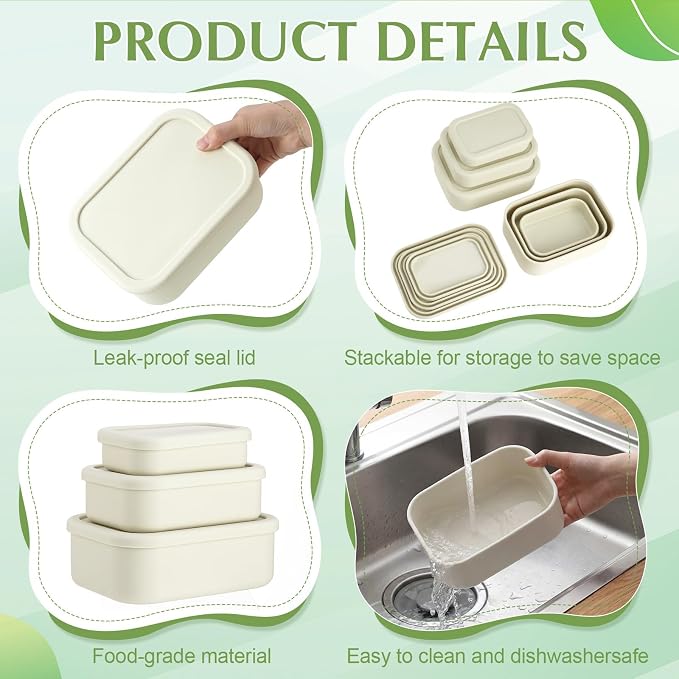 Blushtier 2 Sets of 6 Silicone Food Storage Containers, Reusable Lunch Bento Box with Lid, Hard Shell Storage Containers, Microwave Dishwasher Freezer Safe, 10 oz, 23.6 oz, 44 Ounce(Bone White)
