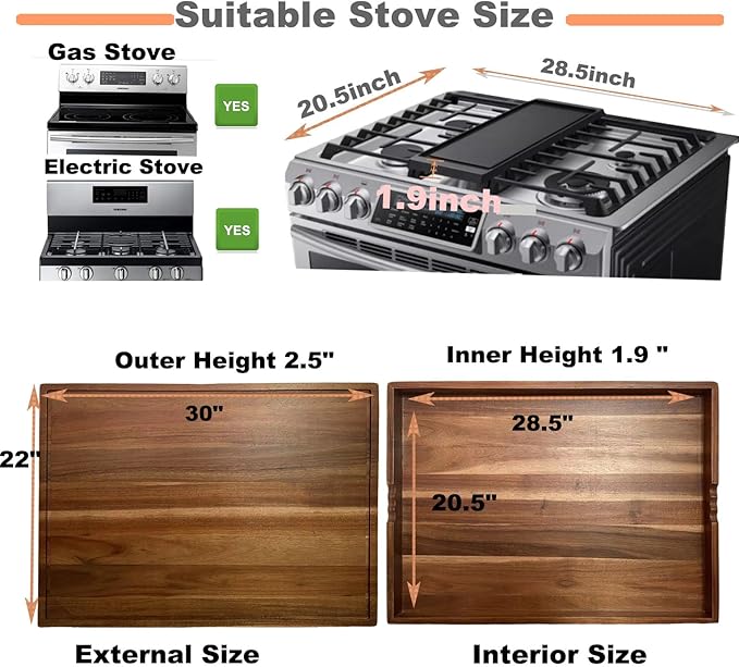 Acacia Stove Top Cover for Gas Burners & Electric Stove, Noodle Board Stove Cover with Wavy Handles, Wooden Stovetop Cutting Board with Juice Grooves, Serving Tray 30"L x 22"W x 2.5"H