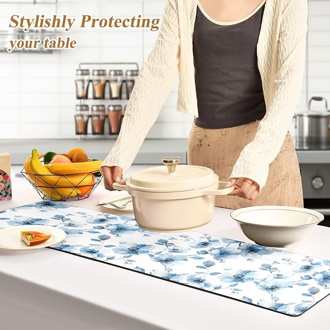 Trivet Table Runner Heat Resistant 230F for Hot Dishes Pots Plates Kitchen Dining Table Protector Decorative 39.37 X 11.8 Inch Blue Watercolorful Flower
