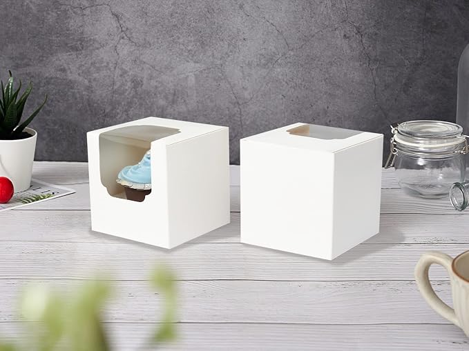 White Cupcake Boxes Individual 15 Count Pre-Assembled with Window and Inserts, Individual Cupcake Containers Auto-Popup for Wedding Baby Shower Mothers Day Birthday 3.5" x 3.5" x 3.5"