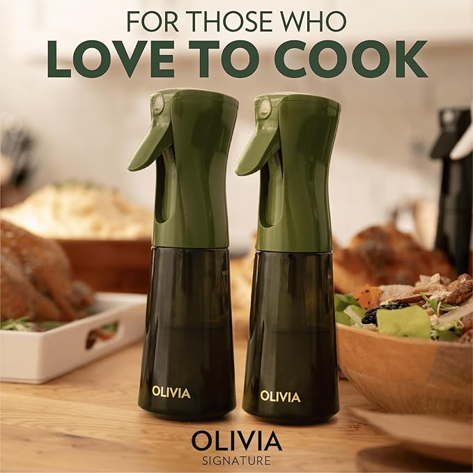 OLIVIA SIGNATURE Advanced Kitchen Oil Sprayer Technology, Fine Mist & Portion Control, Refillable Glass Olive Oil Cooking Spray Bottle for Air Fryer, Salad, BBQ, 2 Pack 200ml (Green)