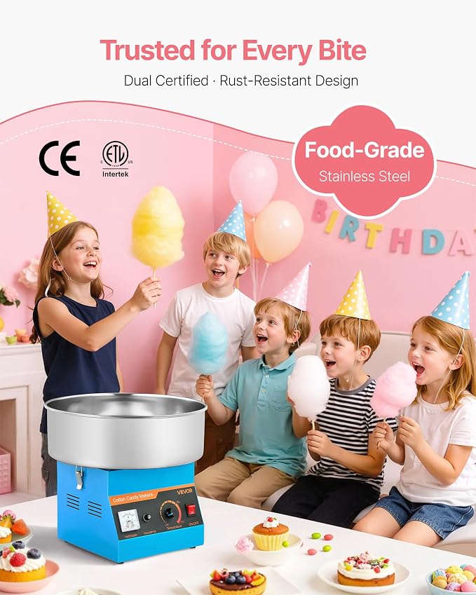 VEVOR Cotton Candy Machine Commercial, 1000W Electric Candy Floss Maker, Easy Use with 15 inch Stainless Steel Bowl and Sugar Scoop, Makes Hard Candy for Home Kids Birthday, Family Party, Blue
