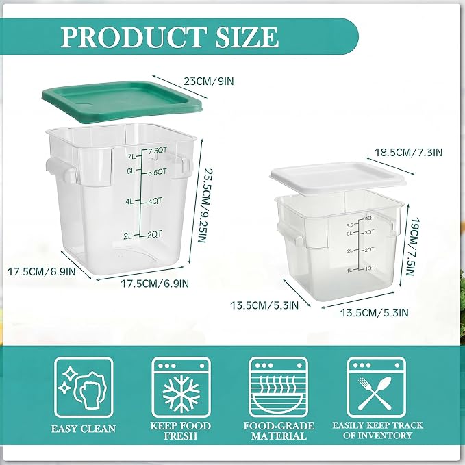 Lallisa 4 Pcs 8qt & 4qt Clear Food Storage Containers with Lids Handles and Scales, Stackable Plastic Square Food Storage Containers for Dough Proofing Baking Kitchen Restaurant(White, Green)