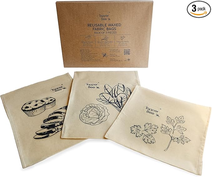 Reusable Beeswax Bags Set of 3 – Keep Food Fresh Longer, Reduce Food Waste, Eco-Friendly, BPA Free Storage