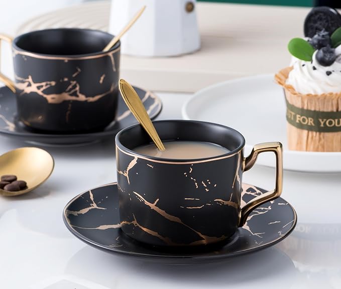Jusalpha Serve of 4- Hand Printed Golden Matte Ceramic Marble Tea Coffee/Tea Cups with Spoons and Cup Holder, 7OZ -TCS26 (Black/Gold, Serve of 4)