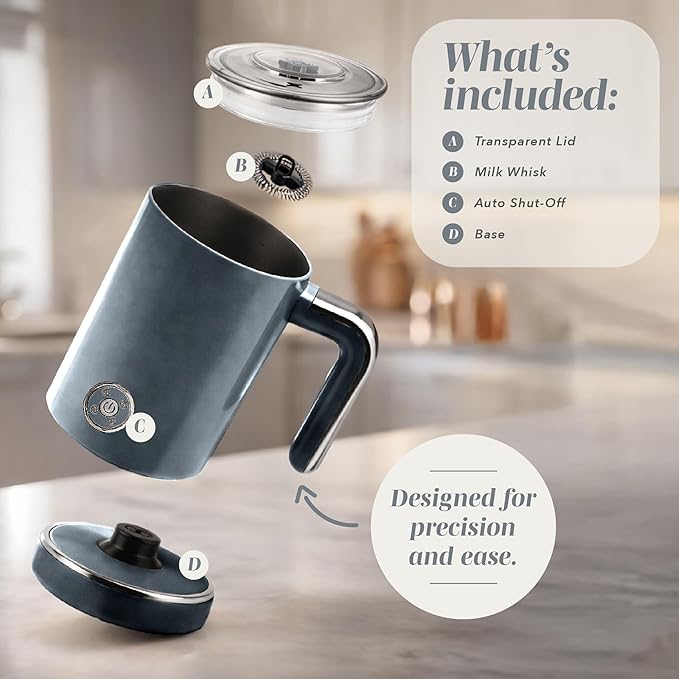 COOK WITH COLOR 4-in-1 Electric Milk Steamer and Frother - 2-Minute Heating and Frothing, Hot and Cold Foam Maker for Coffee, Latte, Cappuccino, Macchiato, Milk Warmer, Auto Shut Off, Grey