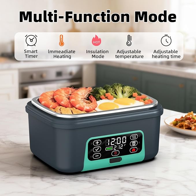XL 6.3-Cups Cordless Electric Heated Lunch Box for Adults, Rechargeable Battery Powered Smart Self Heating Lunchbox for Men Women, 100W Food Warmer for Trucks Driver Travel Office Worker