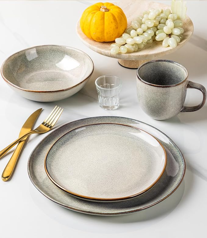 GBHOME Stoneware Dinnerware Sets for 6, 18 Pieces Rustic Earthenware Plates and Bowls Set, Handmade Reactive Glaze Ceramic Plate Sets, Chip Resistant Dishes, Microwave & Dishwasher Safe, Wheat Green
