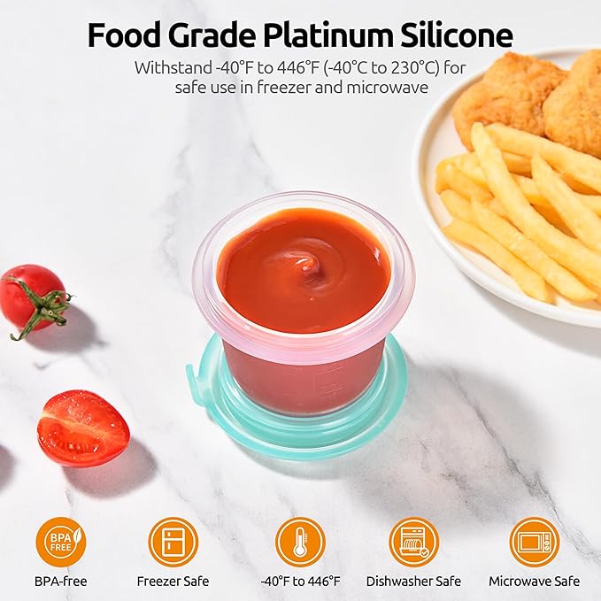 U-Taste 2oz×2 Silicone Food Containers Set: Mini Kitchen Storage with Airtight Lid, Freezer & Microwave Safe, Dip Box with Date Marking Circle, Clear Stackable for Nut, Sauce, Condiment (Aqua Sky)