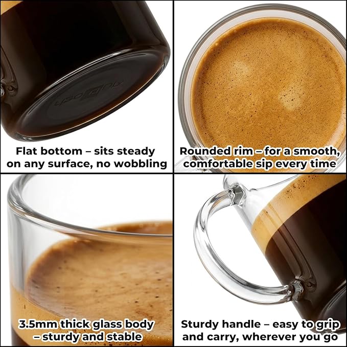 Aquach 12oz Glass Mugs Set of 4, Clear Borosilicate Cups with Handle | Dishwasher/Microwave Safe, 3.5mm Thick, Single-walled, Smooth Rim, Stable Flat Base, Fits Hot/Cold Brews