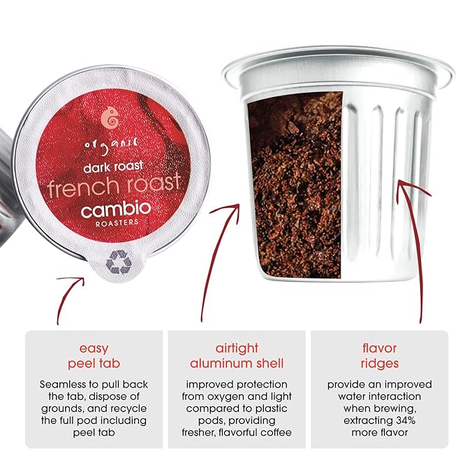 Cambio Roasters French Dark Roast Organic Coffee Pods - The Only Organic Recyclable Aluminum Coffee Pods, Small Batch Roasted, Keurig® Compatible, Toasty Flavor, Lower Acid, Lasting Freshness, 10 Count