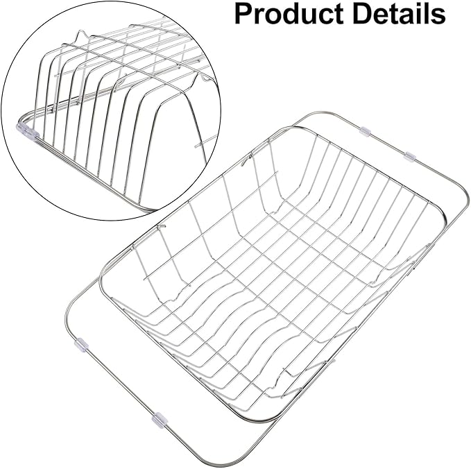 Adjustable Sink Dish Drying Rack Stainless Steel with Non-Slip Rubber Feet for Kitchen Storage Organization Space-Saving Over-the-Sink Drainer Holder for Vegetables Fruits(34.5x25x11cm)