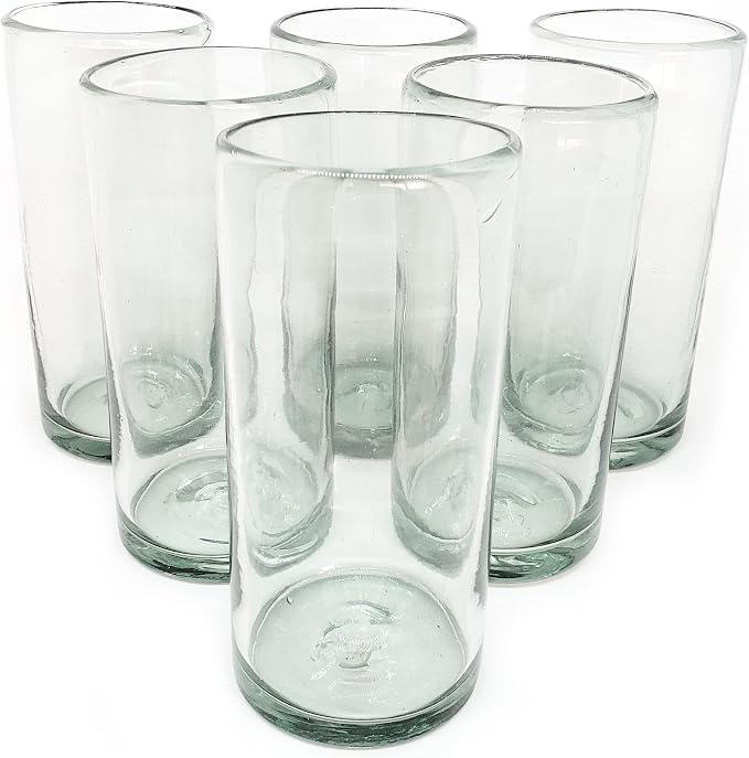 Clear 20 oz Tall Iced Tea Glasses (set of 6), Hand Blown Mexican Glassware, Recycled Glass Drinking Glasses, Lead-Free, Cocktail Margarita Glasses, Wine Glasses, Shot Glasses, Whiskey Glasses (IceTea)