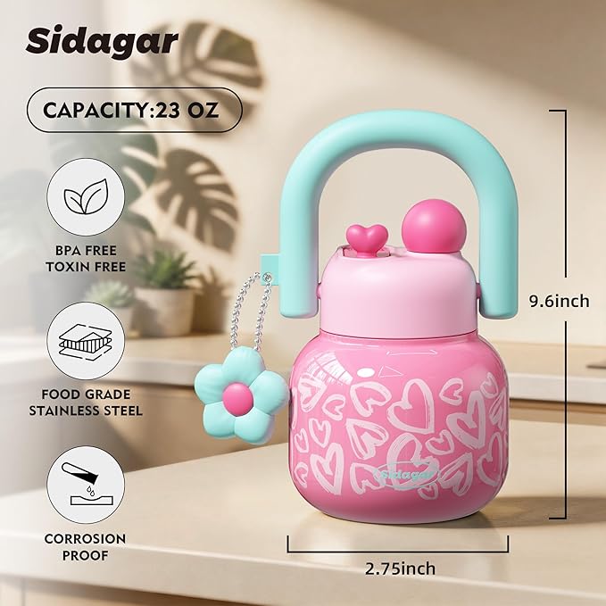 22 oz Tumbler with Straw and Carry Handle, Wide Mouth Insulated Stainless Steel Travel Water Bottle, Heart Pattern Flask for Gym & Office, Preppy Kawaii Valentines Day Gift