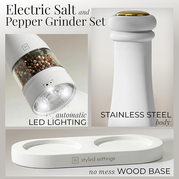 Electric Salt and Pepper Grinder Set - Styled Settings White Electric Salt and Pepper Shakers, Automatic Stainless Steel Set with LED Light, Battery Operated, Adjustable Coarseness, Wood Base