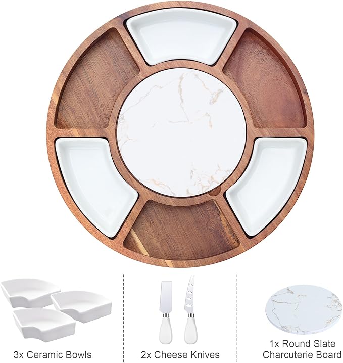 360° Rotating Lazy Susan Cheese & Charcuterie Board Set - 13.5" Acacia with Built-in Slate Chiller, 3 Ceramic Bowls & 2 Cheese Knives - Housewarming, Birthday & Wedding Gift