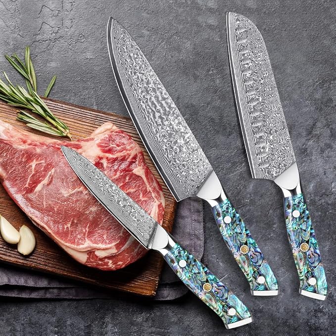 KEENZO 3PCS Kitchen Knife Set,Professional kitchen knives with 8" Chef knife,7" Santoku knife,5" Utility Knife,Japanese Hand Forged Damascus Steel Cooking knife set,Ergonomic Abalone Shell Handle