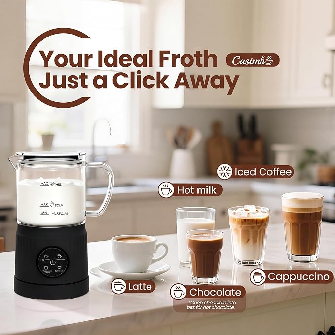 Casimhu 4-in-1 Milk Frother, Electric Milk Frother and Steamer with LED Touch Screen, Ceramic Lining Bottom, Milk Warmer 13.52oz for Lattes, Cappuccinos, and Macchiatos at Home (Black)