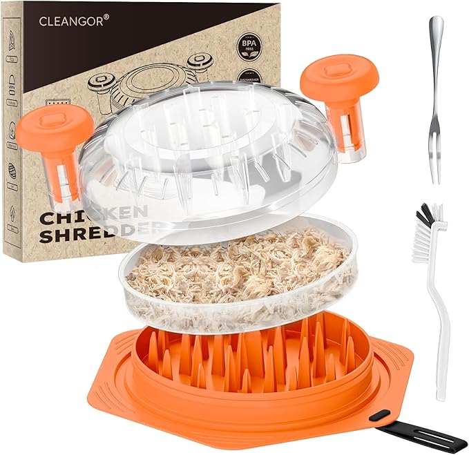 Cleangor Chicken Shredder Tool Twist Large, BPA Free Meat Shredder with Ergonomic Handle, Non-Slip Food Shredder Tool for Pork, Beef, Set of Chicken Breast Shredder with Brush & Fork (1, Orange)