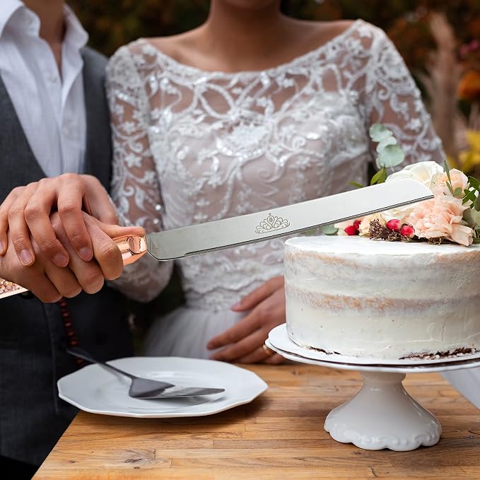 Wedding Cake Knife and Server Set, 7oz Crystal Champagne Flutes Set Rose Gold Bride Groom Toasting Glasses Cutting for Mr Mrs Engagement Gifts
