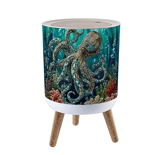 Trash Can with Lid Teal Blue Ocean Octopus Coral Reefs Press Top Round Small Garbage Bin with Wooden Legs Waste Basket for Kitchen Bedroom Nursery 7L/1.8 Gallon