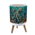 Trash Can with Lid Teal Blue Ocean Octopus Coral Reefs Press Top Round Small Garbage Bin with Wooden Legs Waste Basket for Kitchen Bedroom Nursery 7L/1.8 Gallon