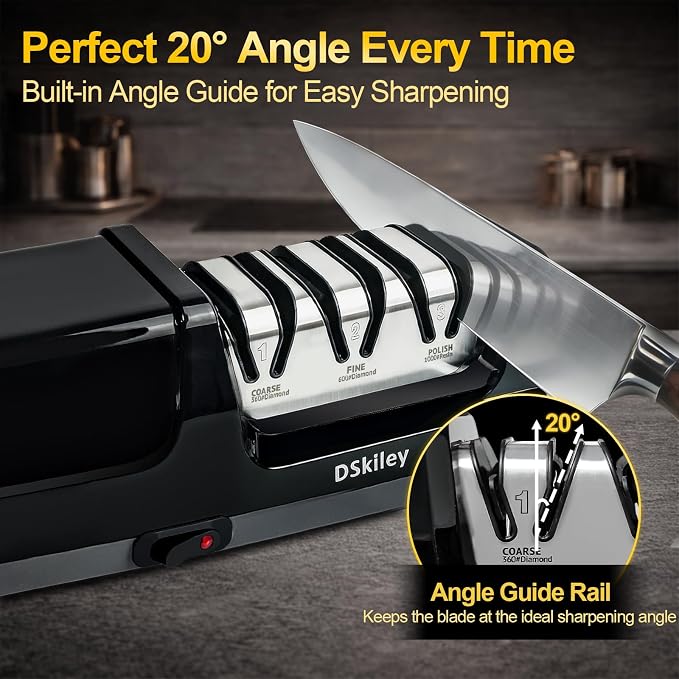 Electric Knife Sharpener for Kitchen – Professional 3-Stage 100% Diamond System with 20° Precision Angle, Fast Sharpening to Restore & Polish Chef Knives(Black)