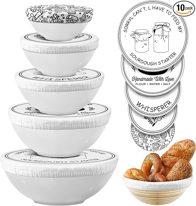Patelai 10 Pcs Bowl Covers Reusable in 5 Size Stretch Cloth Fabric Elastic Food Storage Bowl Covers Bread Sourdough Lids for Proofing Food Fruits Leftover (Black White,Minimalist Style)