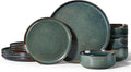Herogo 12 Pieces Square Stoneware Dinnerware Set, Service for 4, Dinner Plates and Bowls Sets, Double Reactive Glaze Dishes Set for Kitchen, Scratch Resistant, Dishwasher Safe, Moss Green
