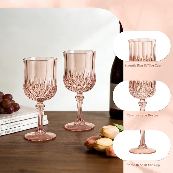 7OZ Plastic Wine Glasses, Reusable Vintage Goblets Unbreakable Drinking Glasses Crystal Water Cups Champagne for Wedding, Parties (48, Rose Gold)