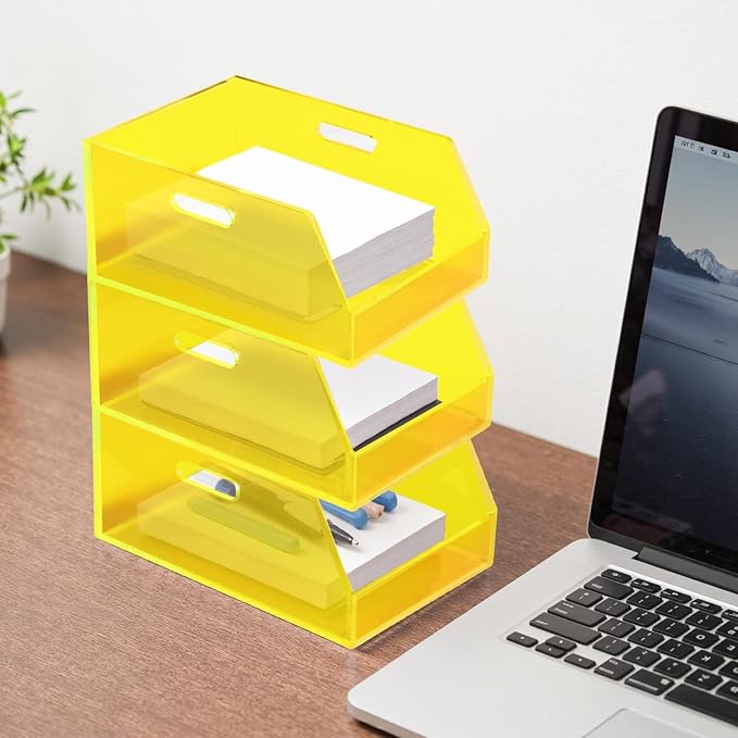 Gelite Stackable Storage Bins Open Front Organizer Bins with Handles Acrylic Storage Container for Pantry Kitchen Cabinet Bathroom Closet Office Organization, 11.4x7.5x5.1'', Neon Yellow