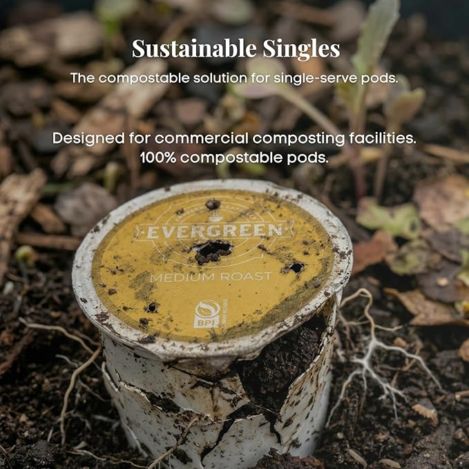 Evergreen Compostable Single Serve Coffee Pods - Medium Roast Medium Blend - 100% Arabica Beans (72 Count)