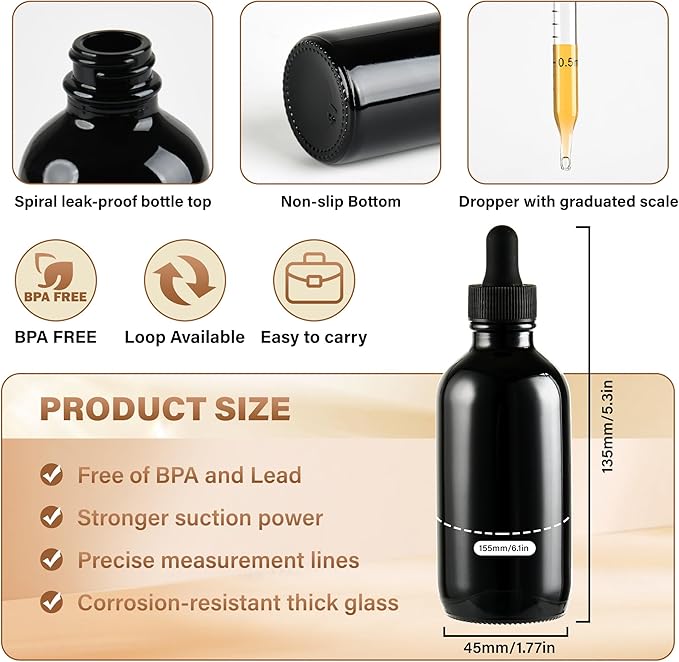 NOOEEISS 4 Pcs 4oz Black Glass Eye Dropper Bottle, Tincture Bottles With Leak-Proof Design, Stronger Suction for All Kinds of Mixed Liquids